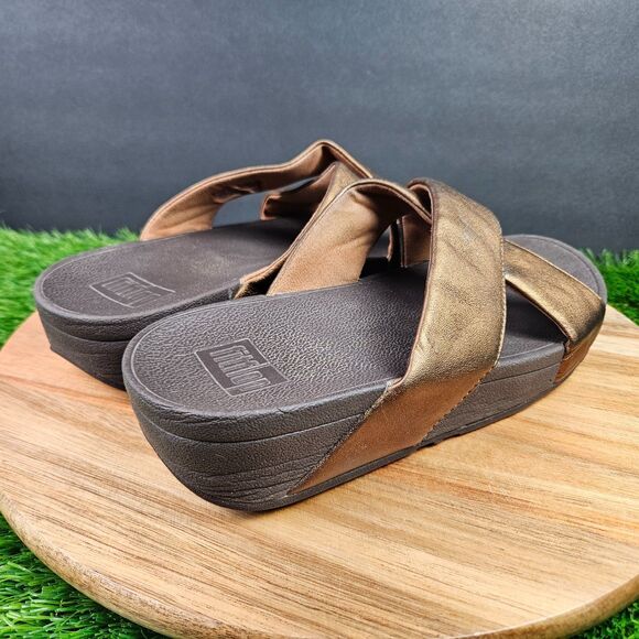 FitFlop Lulu Sandals Women's 9 Bronze Leather Comfort Cross Strap Slide Wedge - Picture 3 of 14